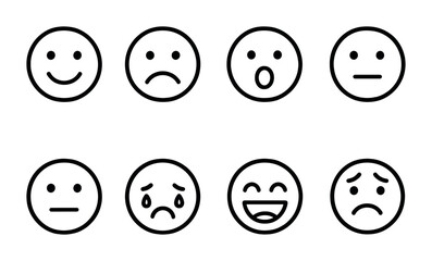 outline vector icons of emotional states: happy heart, sad heart, excited heart, lonely heart, shy heart, anxious heart, warm heart, cold heart. No text. The icons should be clean. isolated