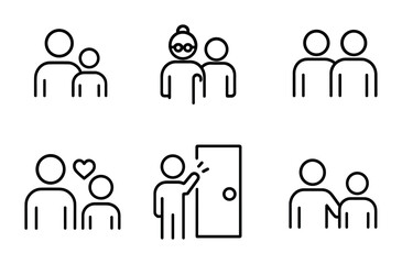 outline vector icons of social roles: parent, child, grandparent, friend, couple, neighbor, sibling, mentor. No text. The icons should be clean. isolated transparent background. Line icons in black