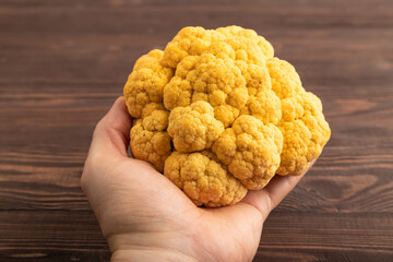Yellow Cauliflower on brown wooden with hand, Side view, close up