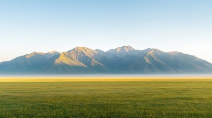 Obraz premium A breathtaking view of majestic mountains under a clear sky, complemented by an expansive green meadow at dawn, capturing the serene beauty of nature in a tranquil setting.