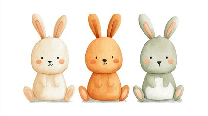 A charming illustration of three adorable rabbits in pastel colors. These cute bunnies, each with distinct features, are posed together, evoking a sense of joy and playfulness.