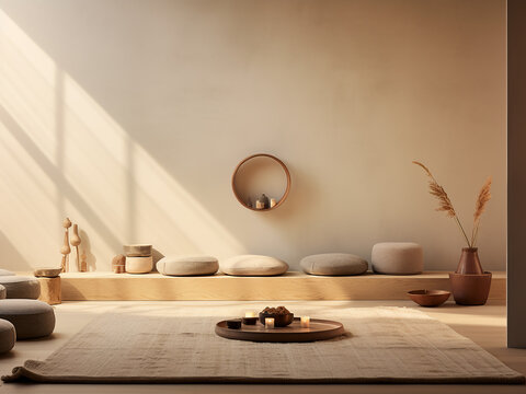 Minimal meditation room with floor cushions incense burning gently promoting subtle calm energy