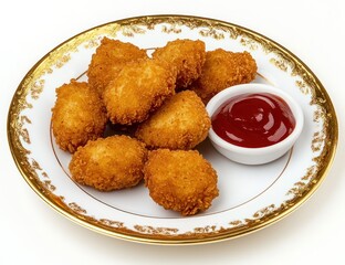 Chicken nuggets on a plate with a small bowl of red sauce.