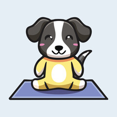 Cartoon Puppy Doing Yoga on Mat, Zen Expression, Indoor Cozy Space