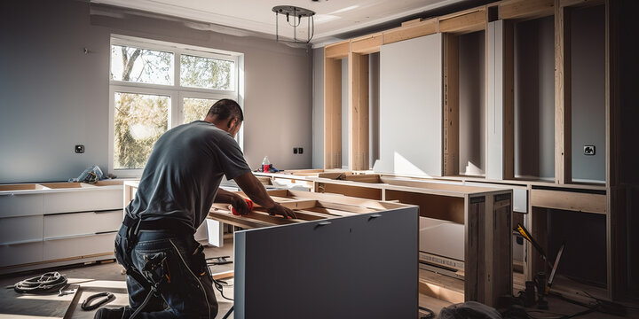 Carpenter installing modern kitchen furniture...