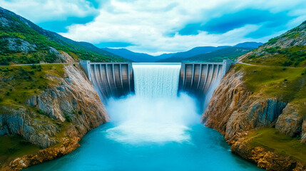 Fototapeta premium Water rushing over a massive dam in a mountain valley