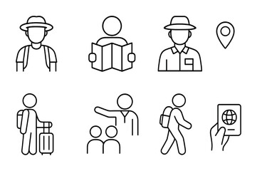 outline vector icons of love locations: map pin with heart, travel love, romantic spot, heart-shaped island, heart bridge, heart monument, love lock, destination with heart. No text. The icons should