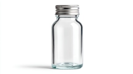 A clear glass bottle with a silver metal cap, perfect for storing beverages, sauces, or other liquids. This transparent container highlights its contents, offering modern elegance.