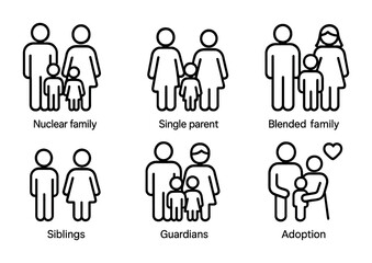 outline vector icons of family structures: nuclear family, single parent, blended family, grandparent household, siblings, guardians, extended family, adoption. No text. The icons should be clean.