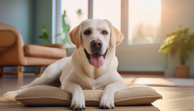 Un perro labrador sano y feliz tumbado en un coj&iacute;n en una sala de estar en ambiente familiar