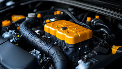 Close-up of a car engine's compartment with yellow cover