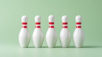 A close-up view of five classic white bowling pins with red stripes arranged on a soft green background. This image captures the essence of bowling as a fun recreational activity.
