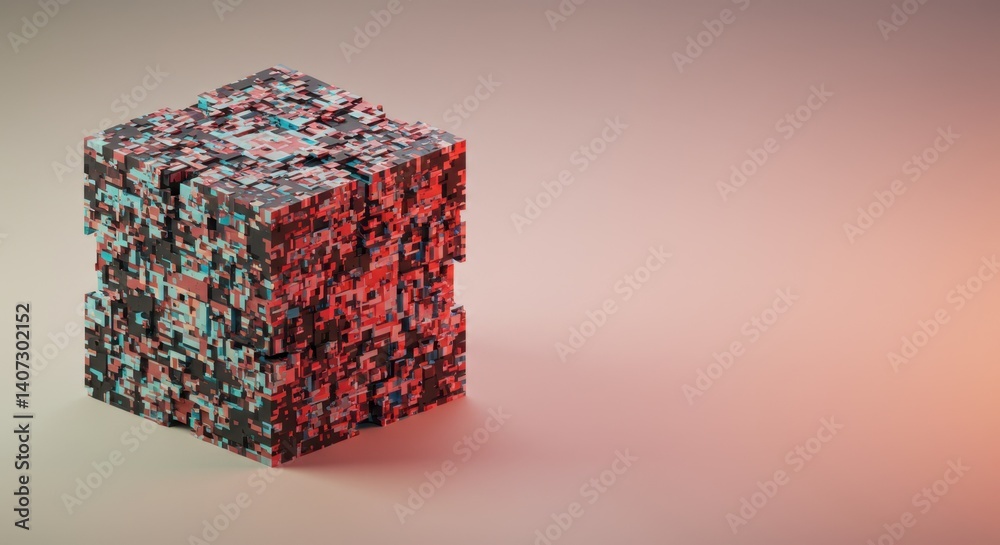 Poster abstract 3d cube render: intricate pixelated structure in teal and red hues