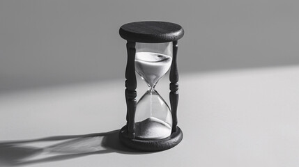 Monochromatic image of a sand timer with a long shadow, highlighting the passage of time and sustainability