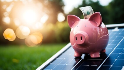  Solar energy money saving. A piggy bank money box on a solar energy panel