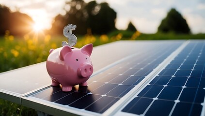  Solar energy money saving. A piggy bank money box on a solar energy panel