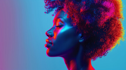 Neon-lit portrait of a cyborg lady with a multicolored wig and a glowing, modern look against a blue background