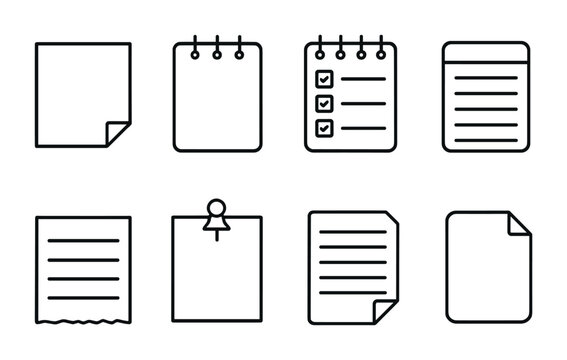 outline vector icons of basic notes: sticky note, notepad, checklist, memo pad, lined paper, torn note, note with pin, folded corner. No text. The icons should be clean. isolated transparent