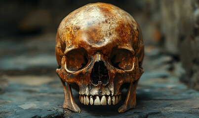 Aged Human Skull on Stone Surface