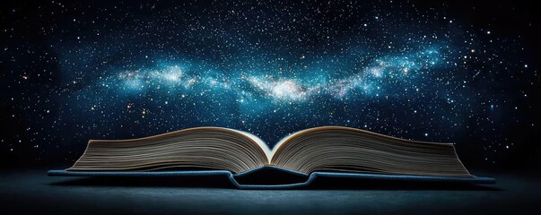 Open book under starry sky unlocking dreamlike space concept. An open book under a starry sky evokes limitless imagination.