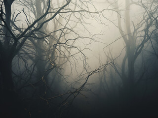 Obraz premium In the misty woods, morning fog weaves through branches, revealing a slow unfolding mystery