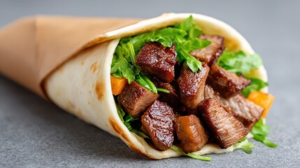 A delicious wrap filled with tender grilled steak, fresh greens, and vibrant vegetables, perfect for a quick meal on the go. Ideal for food lovers and culinary enthusiasts.