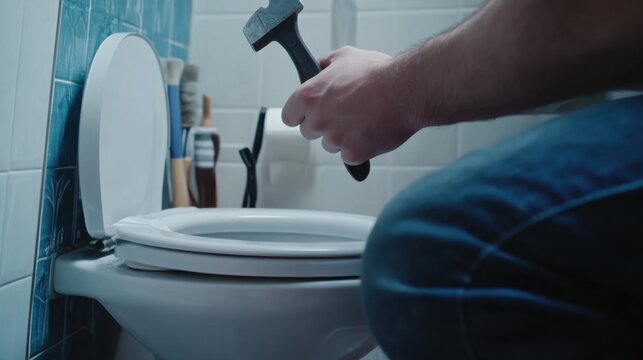 Plumber installing new toilet in bathroom. Featuring plumbing installation and bathroom upgrade
