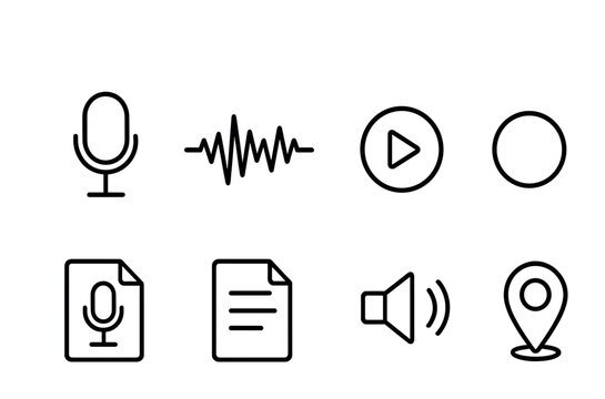 outline vector icons of phone recording features: voice recorder, screen record, record button, recording time, audio file, mic icon, playback, pause recording. No text. The icons should be clean.