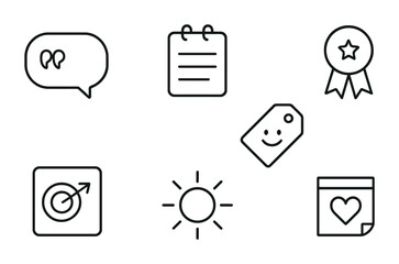 Fototapeta premium outline vector icons of inspirational notes: quote bubble, daily affirmation, positive word, motivational tag, success symbol, goal highlight, sun icon, heart note. No text. The icons should be clean
