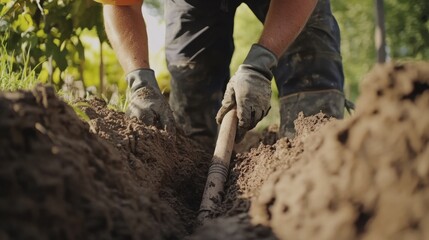 Construction laborer digging a trench for utility lines. Featuring strength and precision