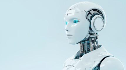 A futuristic humanoid robot with a sleek design, featuring glowing blue eyes and sophisticated mechanical components