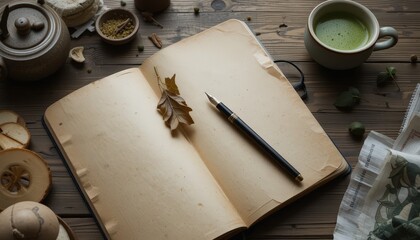 Natural Elements Enhance a Peaceful Workspace Featuring an Open Journal, Pen, and Tea Cup on a Wooden Table