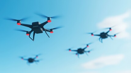 A group of modern drones flying in clear blue skies, showcasing advanced technology and innovation in aerial photography and delivery systems.