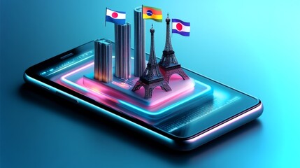 Illustration of a smartphone featuring miniature landmarks and flags from various countries