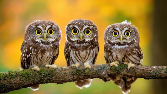 Owl Awareness Day. Adorable trio of owls perched on a branch in vibrant autumn forest setting
