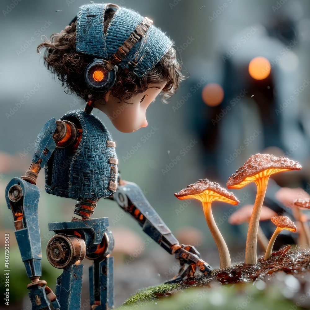 Poster a curious robot child observes glowing mushrooms in a mystical forest, blending nature with technolo