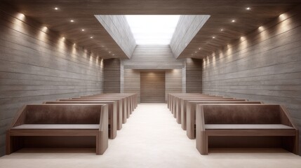 Fototapeta premium A minimalist interior design featuring a spacious room with wooden benches, warm lighting, and a skylight creating a serene atmosphere, ideal for contemplation and gatherings.