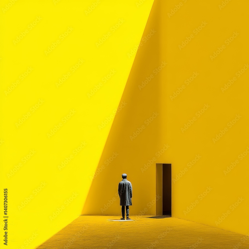 Poster architectural minimalism: solitude in a yellow void, a figure stands before a threshold.