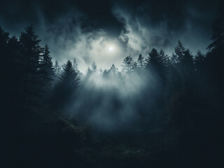 Fototapeta premium The forest is bathed in moonlight with dark green shifting to midnight blue and misty air