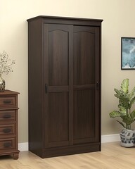 A brown wooden wardrobe with a white door