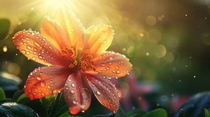 Romantic single flower with water drops on petals, captured in bright sunlight and transparent glass