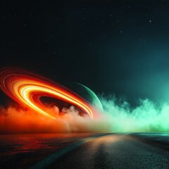 Cosmic Pathway: A Luminous Orbit Encircles a Distant World, Emerging from a Shroud of Nebula and Reflected on an Alien Surface