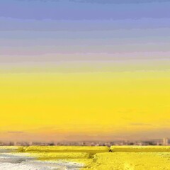 Obraz premium Golden Hour Glow: A Hazy Cityscape Viewed From a Painted Balcony, Bathed in the Warmth of Sunset 