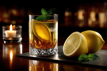 Refreshing Lemon Whiskey Cocktail with Mint and Candlelight Ambience