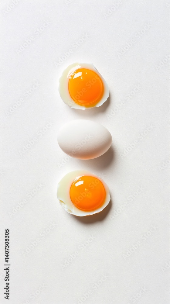Poster Two opened hard boiled chicken eggs displaying the yolk and one whole egg are arranged vertically on a minimalist white background, showcasing organic and farm fresh ingredients for healthy eating