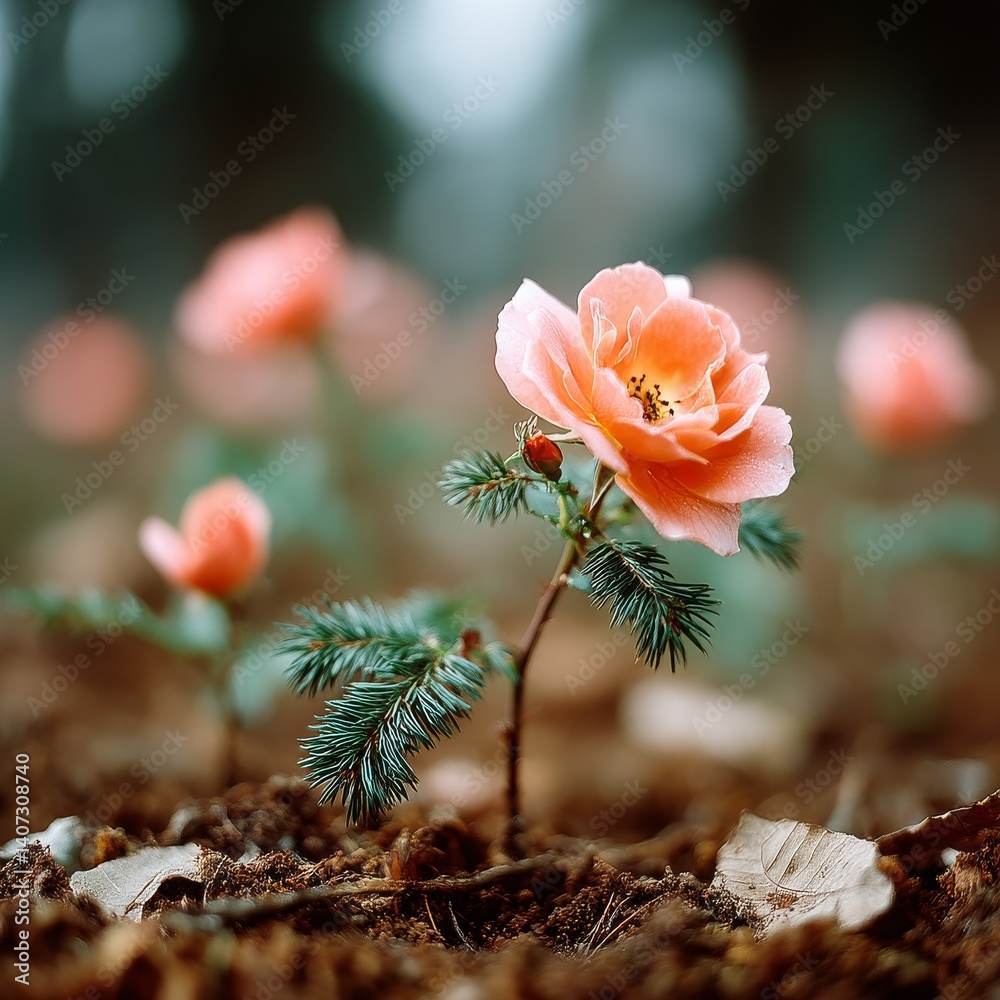 Aufkleber rose and fir tree sapling: a study in contrasting textures and hues in a gentle outdoor setting