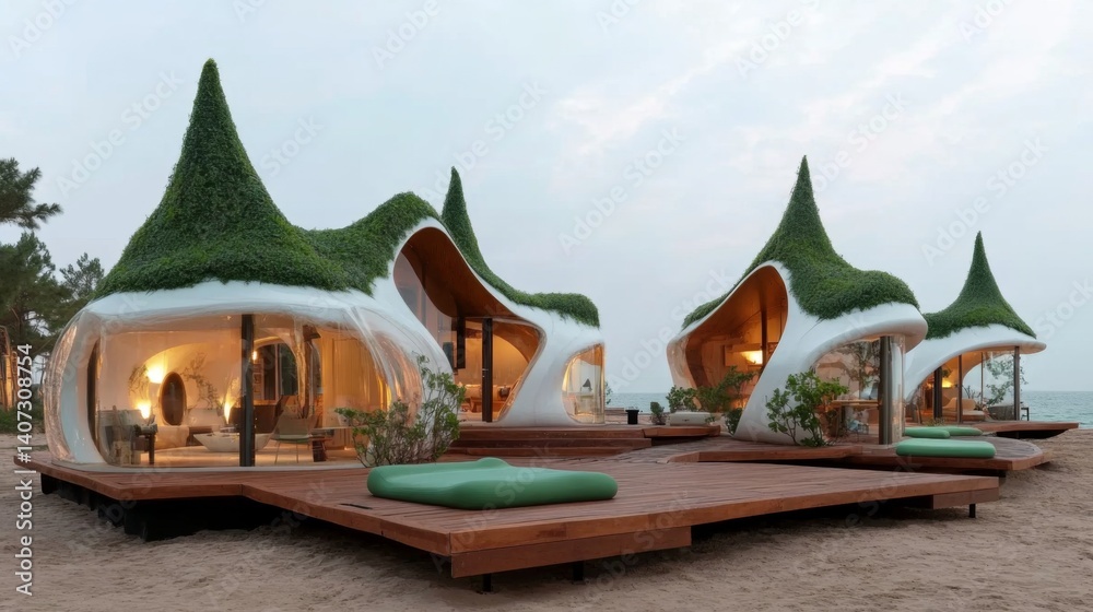 Poster unique green buildings with curved shapes and natural elements promote a zero emission lifestyle by 