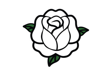Obraz premium Traditional Tattoo Style White Rose With Green Leaves Outlined In Black Vector Illustration Isolated