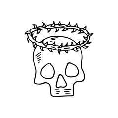 Skull with a crown of thorns doodle style vector hand-drawn illustration.