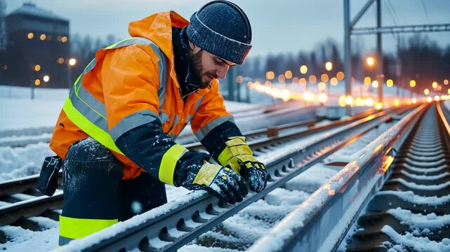 reflective with gloves and a Worker jacket on an icy steel surface, tightening large bolts on bridge beams tools subzero temperatures winter, with his forms as frost in around the bolts video 4k